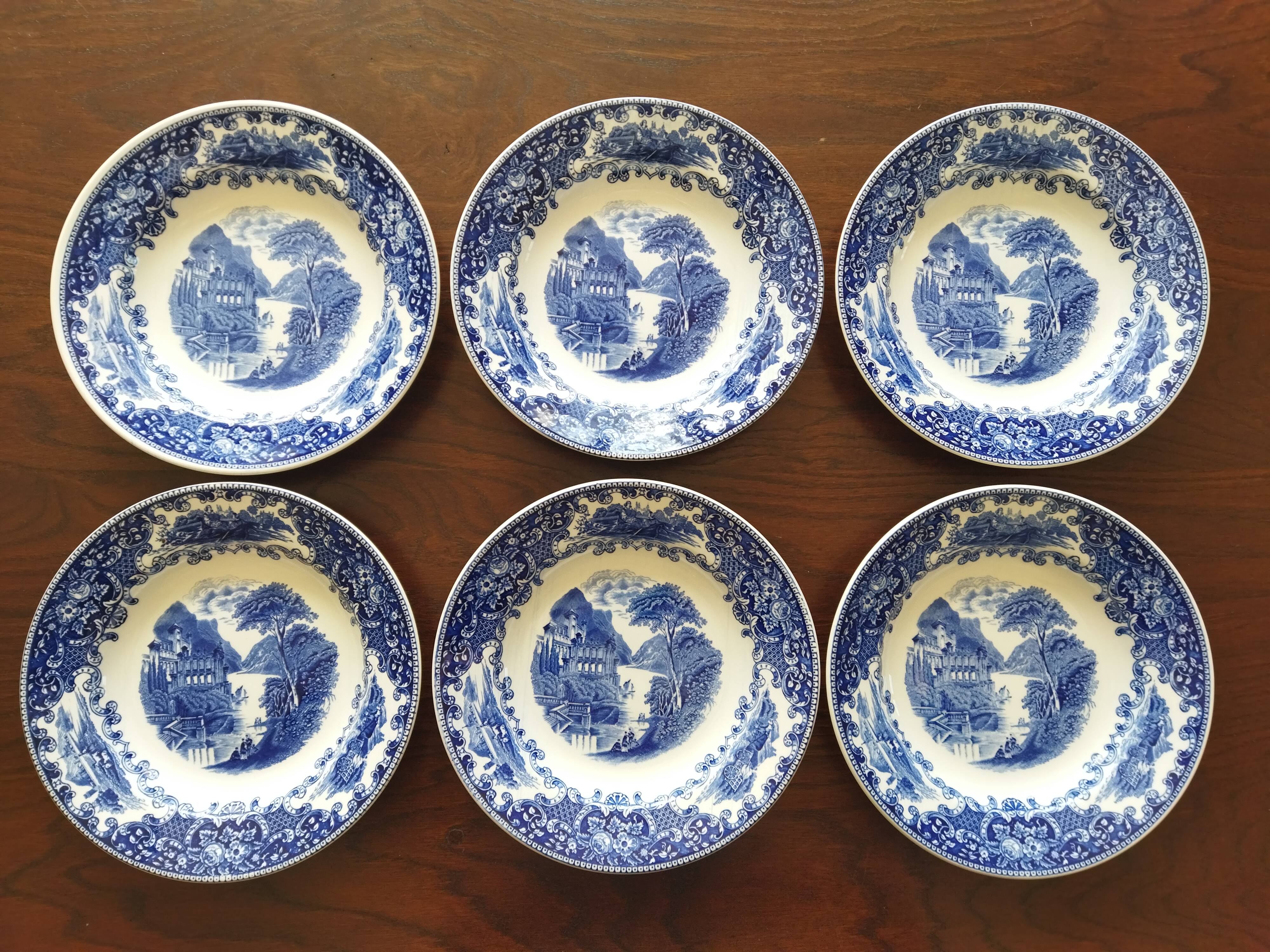 Royal Sphinx Maestricht P. Regout "Cambridge Old England" blue & white soup plates