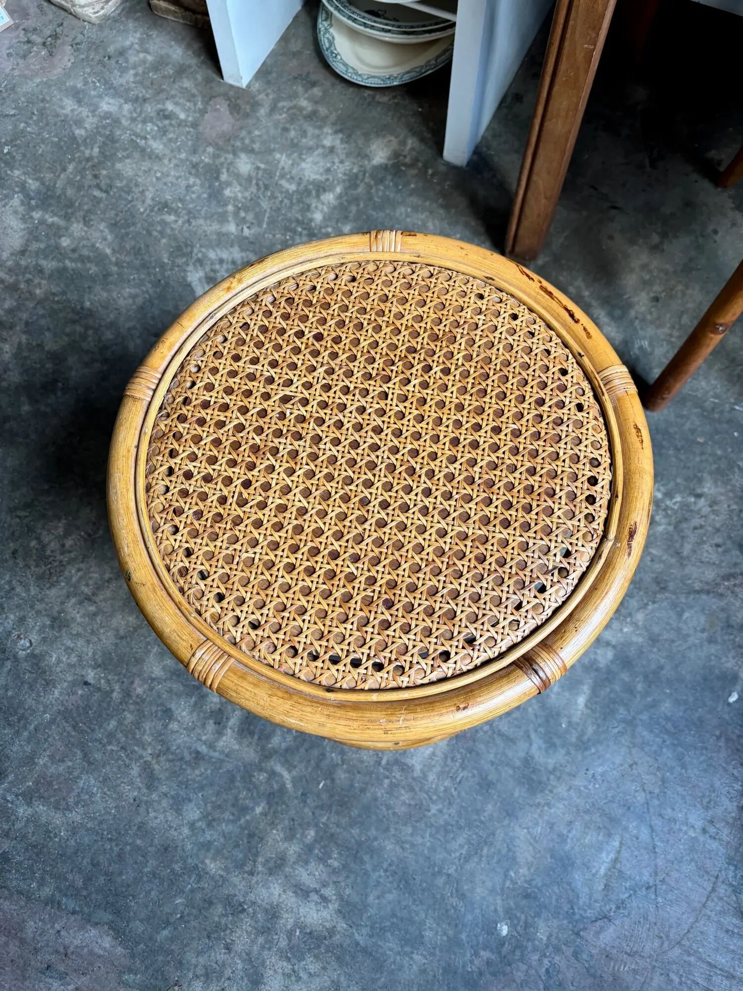 Stool, side table in rattan and caning