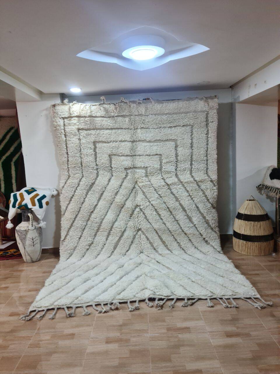 Geometric Beni Ouarain Rug - Natural Cream Wool - Modern Design -