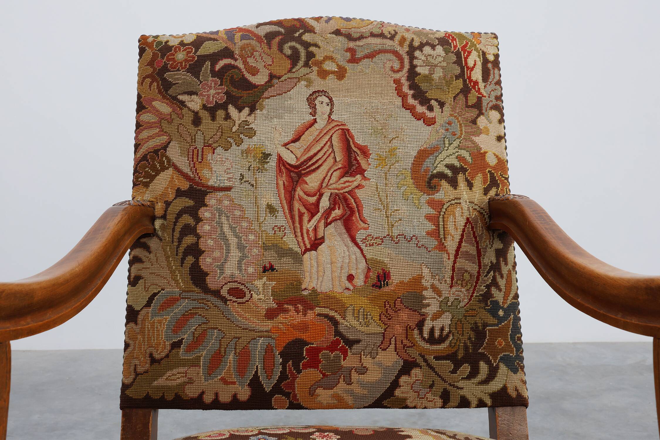 Louis XV Style Carved Walnut Armchair with Needlepoint Upholstery, France