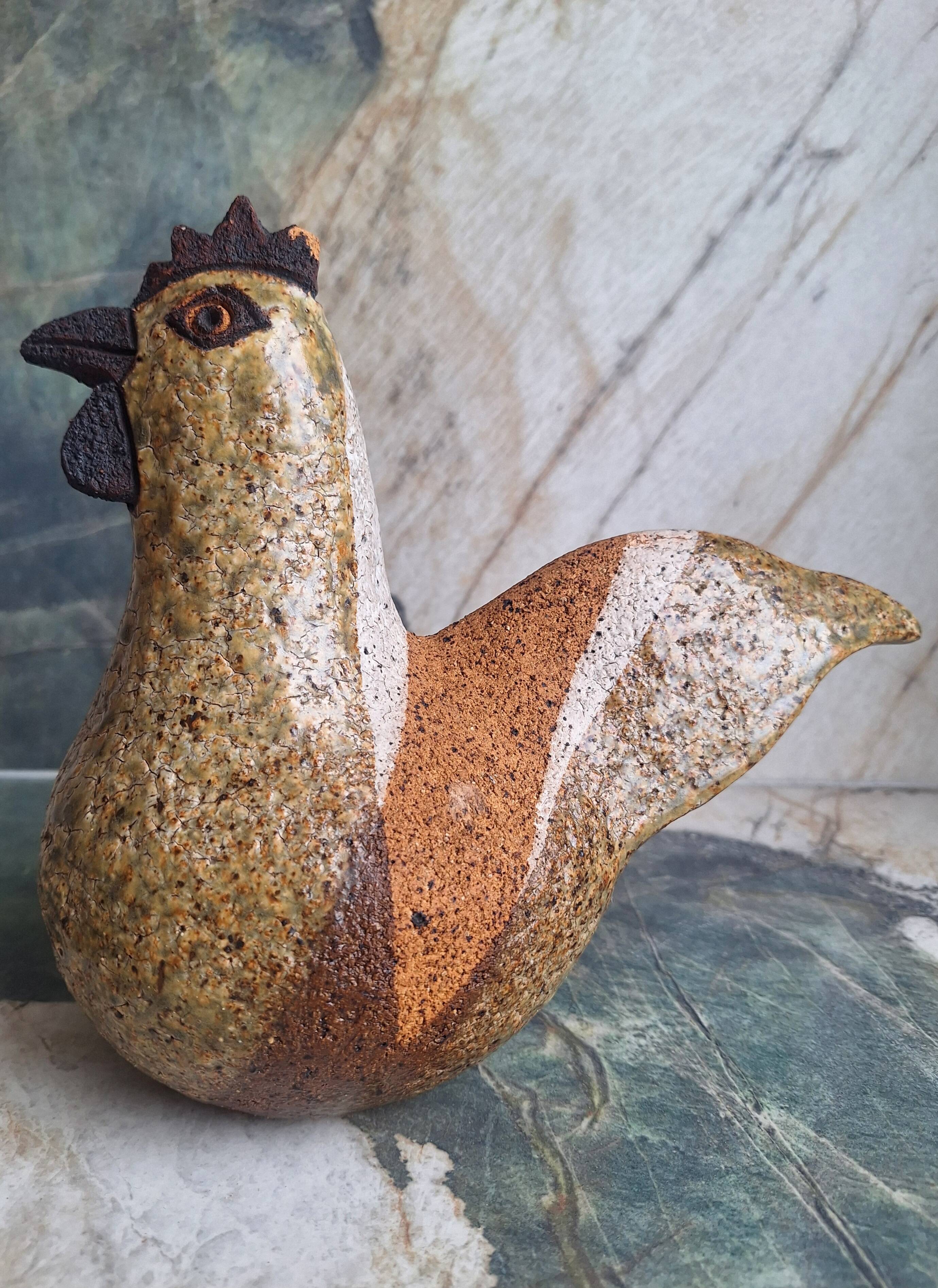 Paire de sculptures vintage coq et poule en grès, décoration artisanal