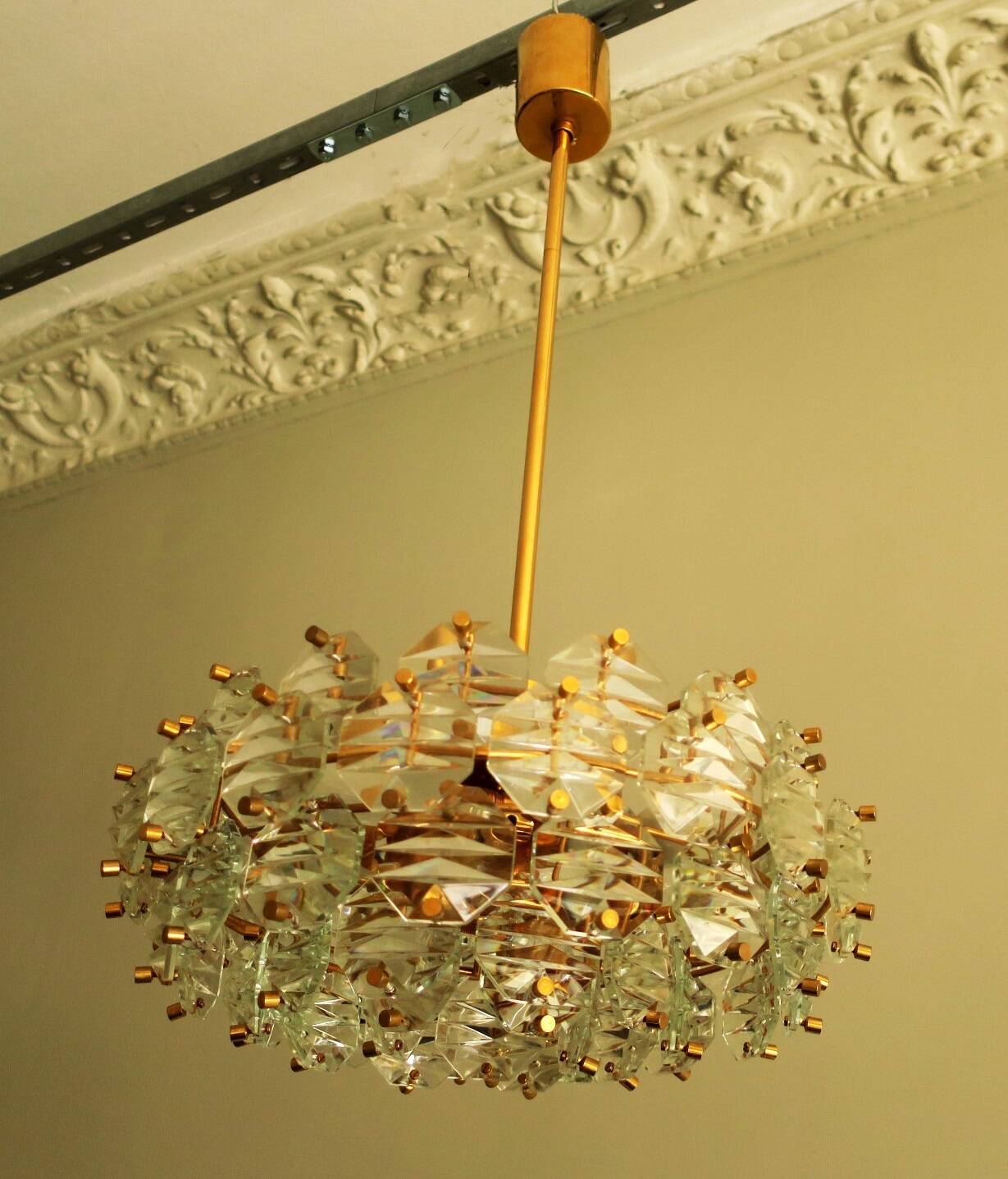 Kinkeldey gold-plated brass and faceted glass chandelier, 1960s