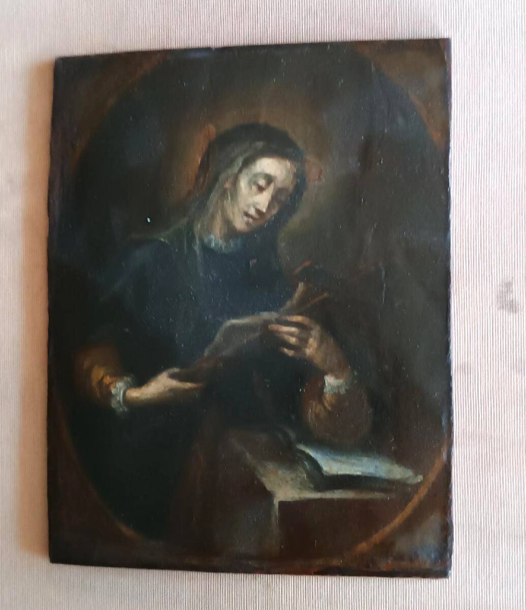 Ancien tableau sur bois représentant un saint portant un crucifix, école italienne du XVe siècle