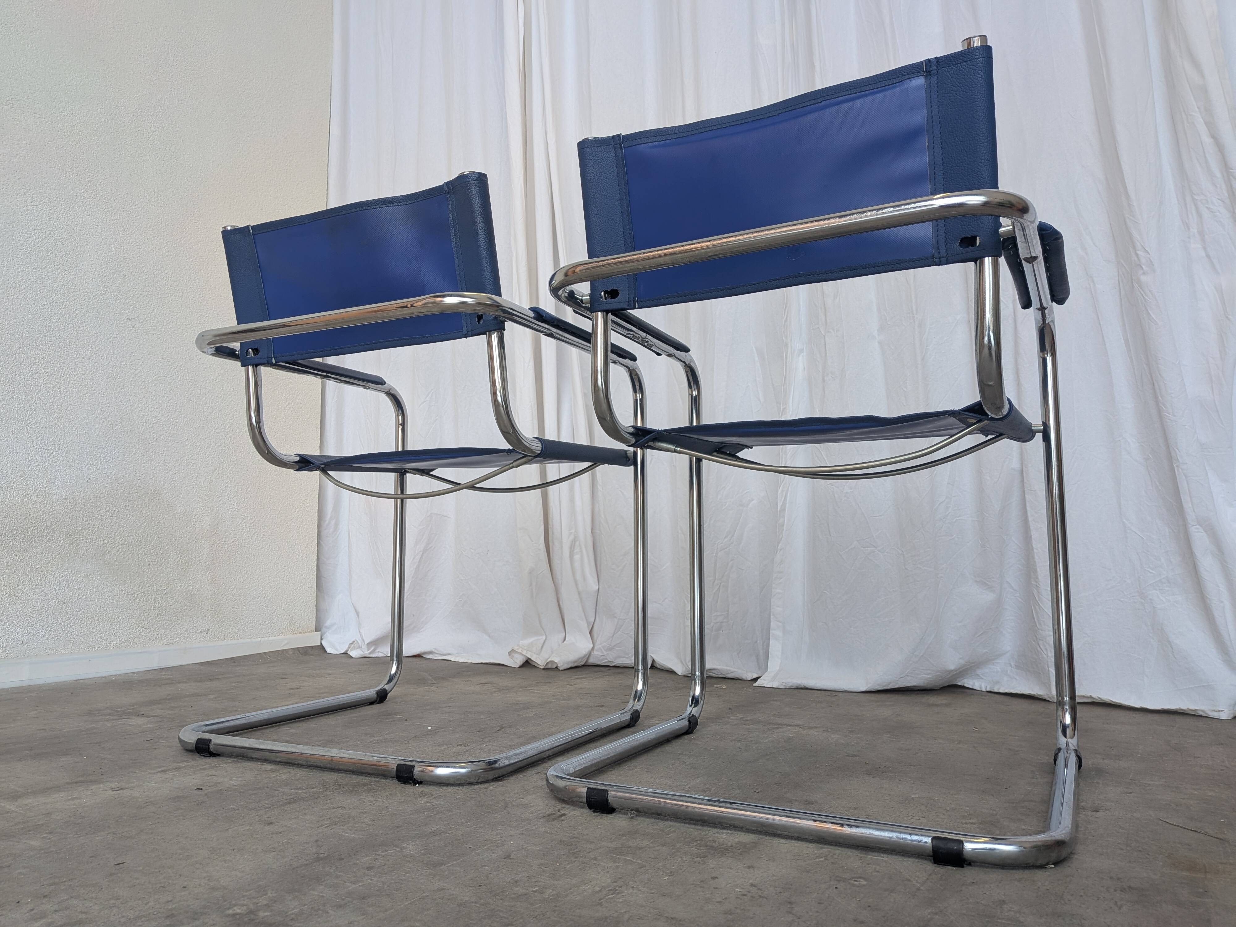 Set of 2 Vintage Mart Stam Style S34 Chair: Blue Leather, Bauhaus Design