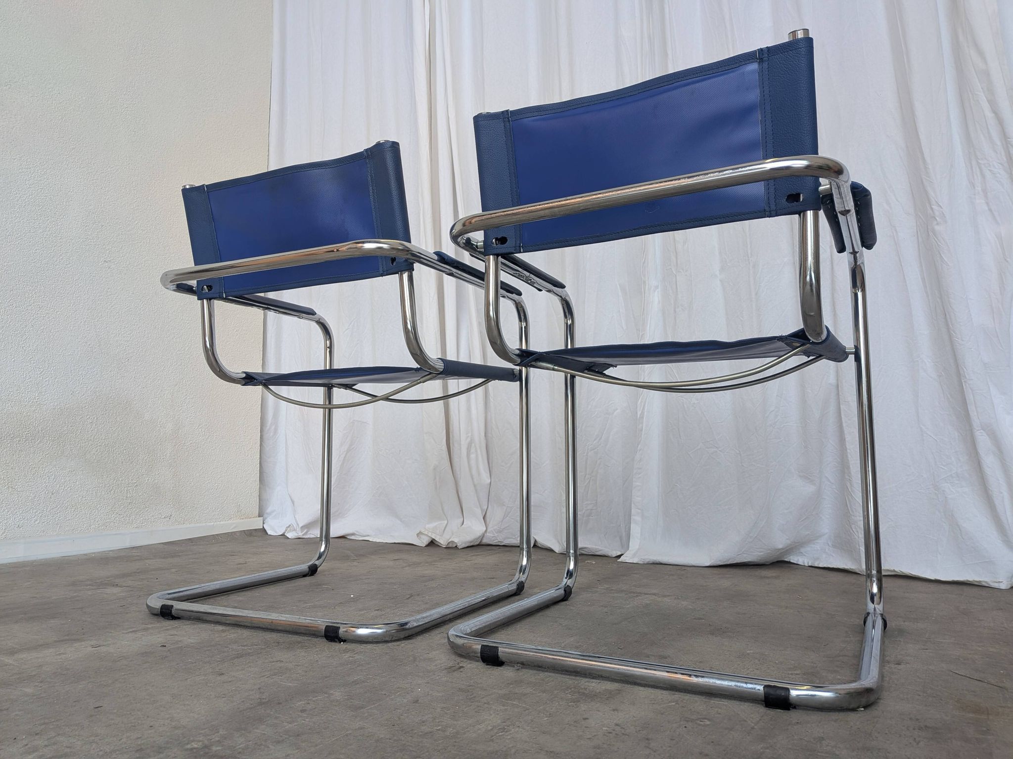 Set of 2 Vintage Mart Stam Style S34 Chair: Blue Leather, Bauhaus Design