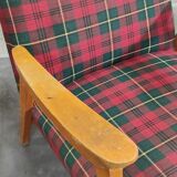 Pair of French beech armchairs from the 60s, tartan fabric