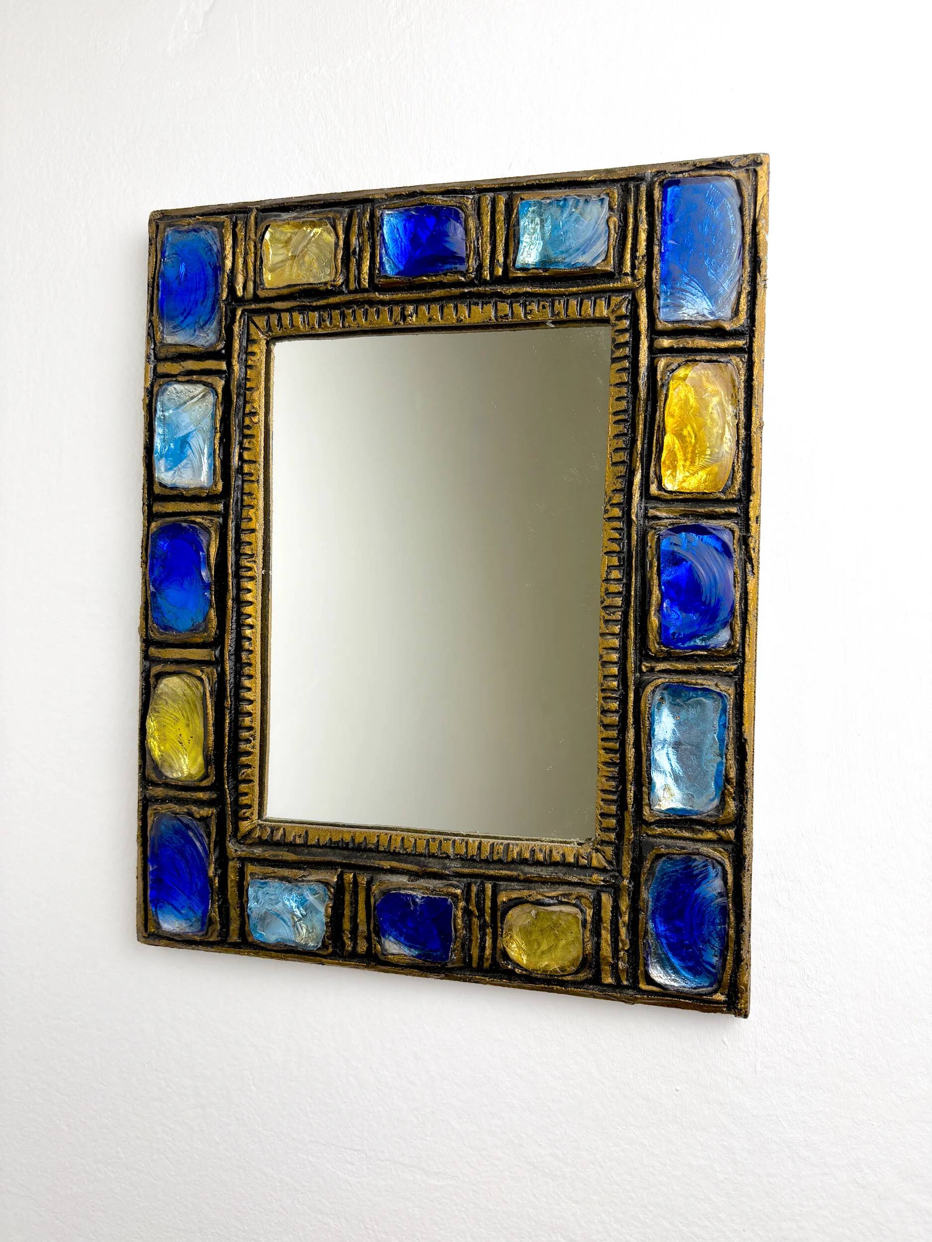Italian mid-century mirror by Creaciones Gobesso, blue & yellow Murano rock crystals, circa 1960s