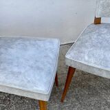 Pair of vintage 1960s compass-legged chairs in wood and white imitation leather