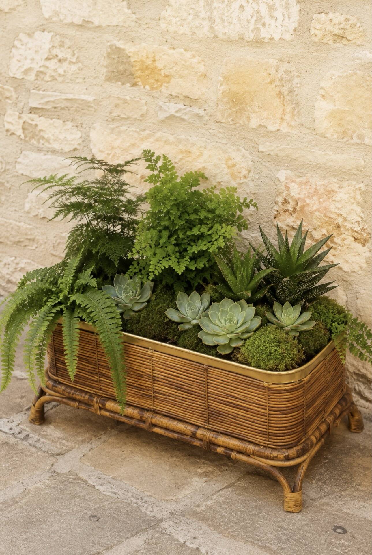 Rattan and bamboo planter, 60s, Gabriella Crespi style. Rare.