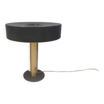 Danish table lamp with a solid brass base and a grey lacquered metal shade.