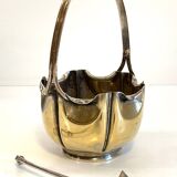 silver metal sugar bowl with gold patina
