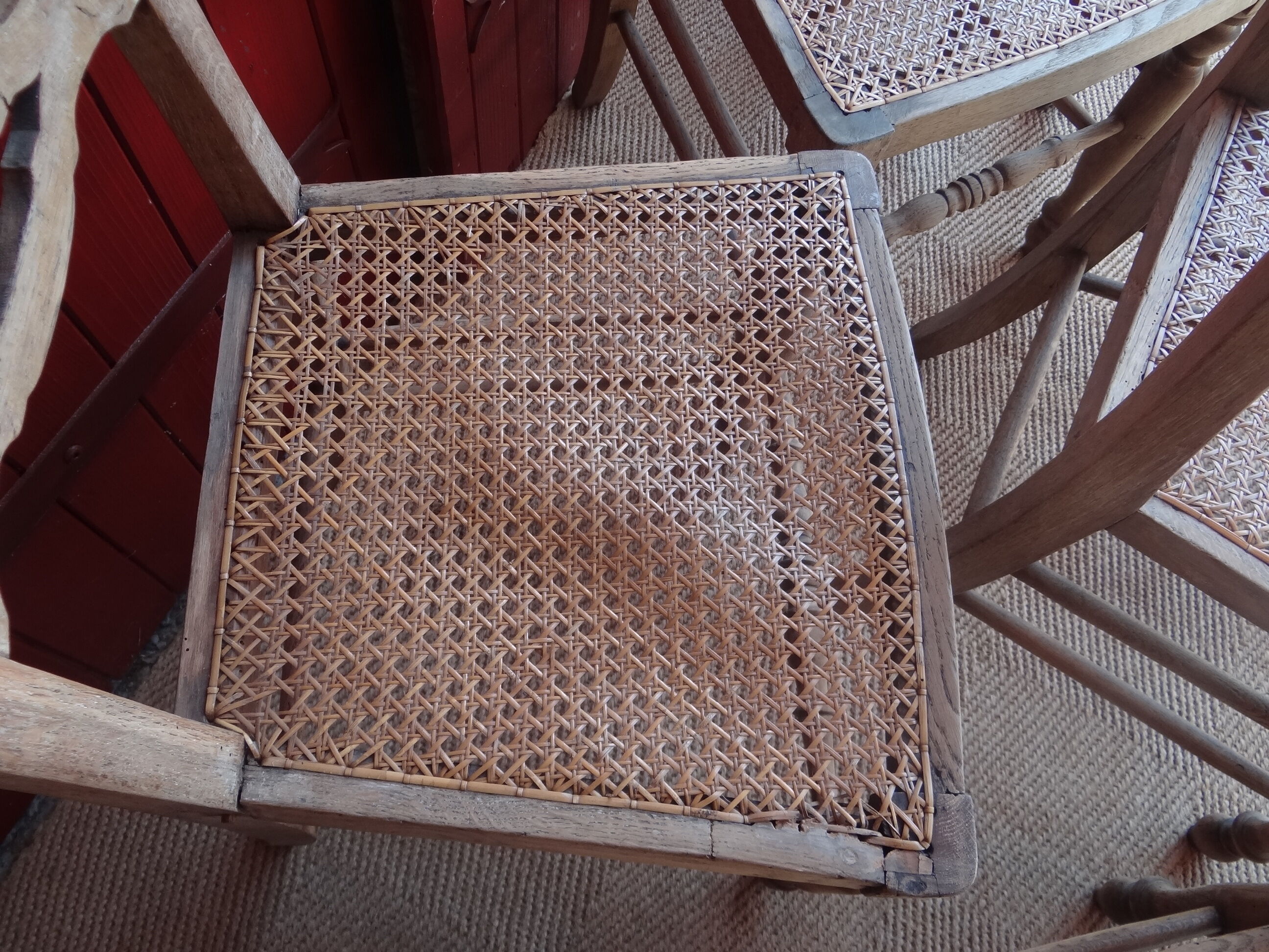 Suite of oak chairs; canated seats