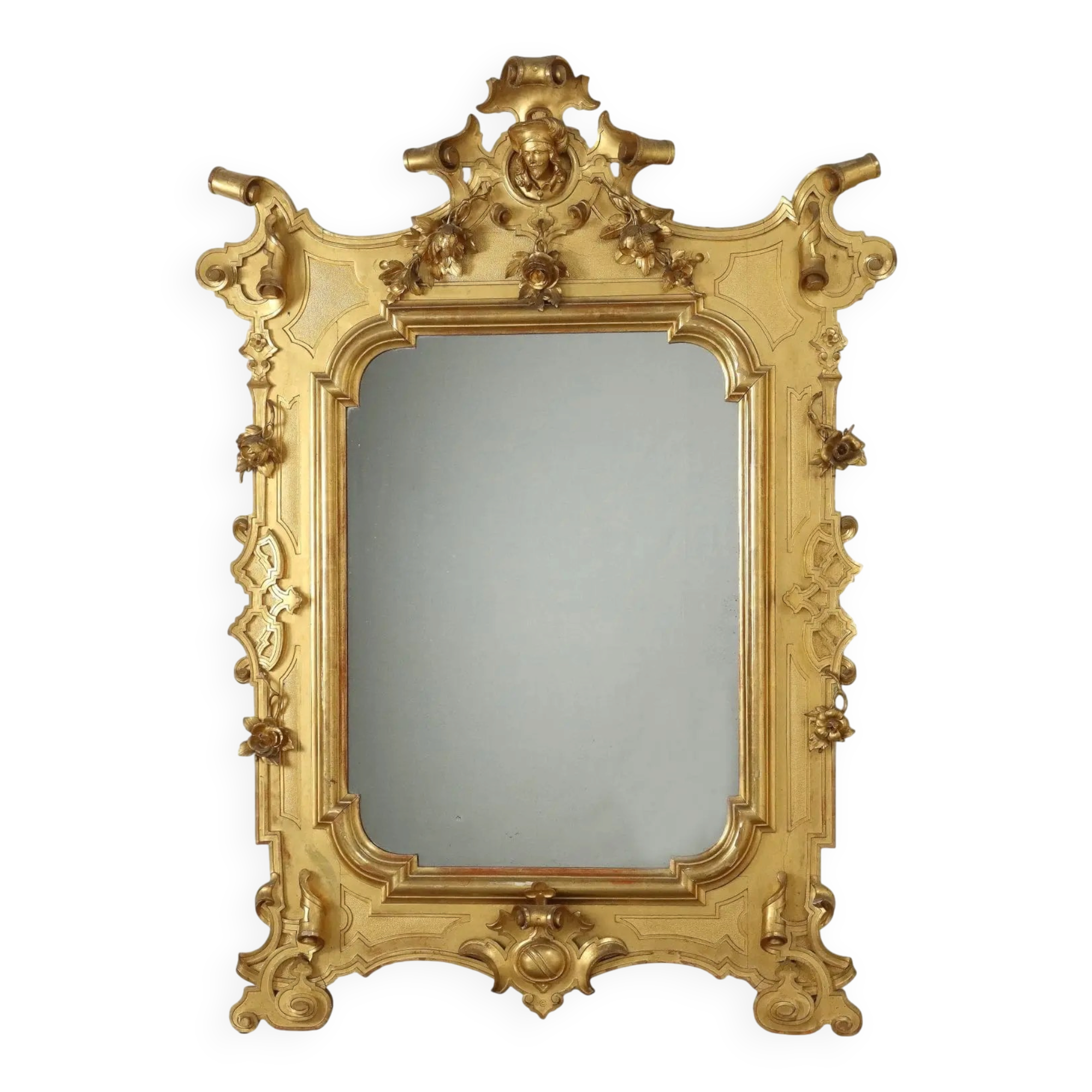 Large antique umber pine mirror from Switzerland, Italy, 19th century.
