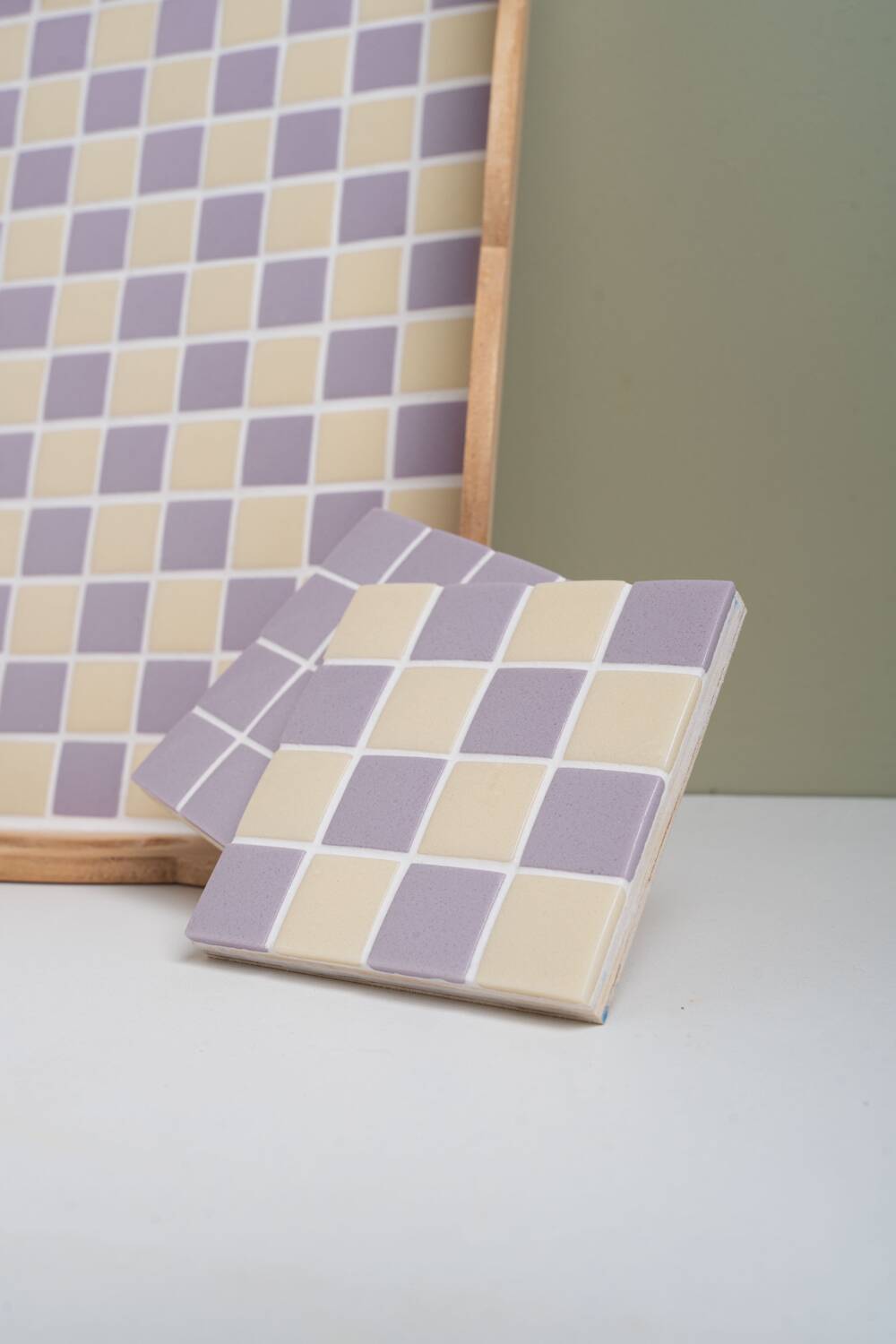 Handcrafted checkerboard tiled wooden tray