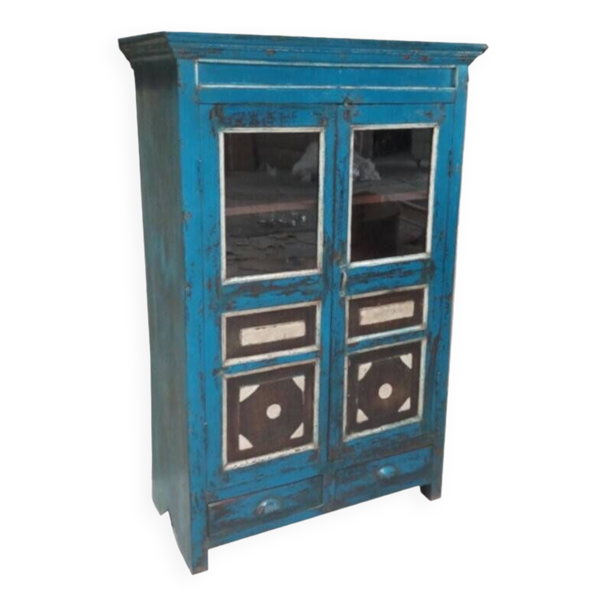 Blue sideboard cabinet with glass in old teak wood and 2 drawers