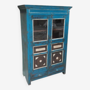 Armoire buffet bleu vaisselier vitre bois vieux teck 2 tiroirs