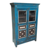 Armoire buffet bleu vaisselier vitre bois vieux teck 2 tiroirs