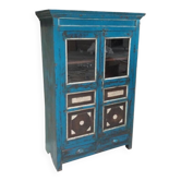 Blue sideboard cabinet with glass in old teak wood and 2 drawers