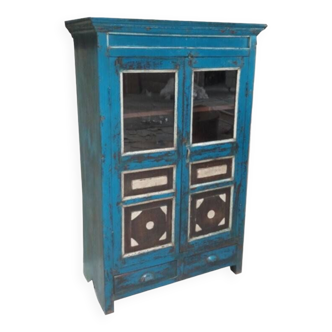 Armoire buffet bleu vaisselier vitre bois vieux teck 2 tiroirs