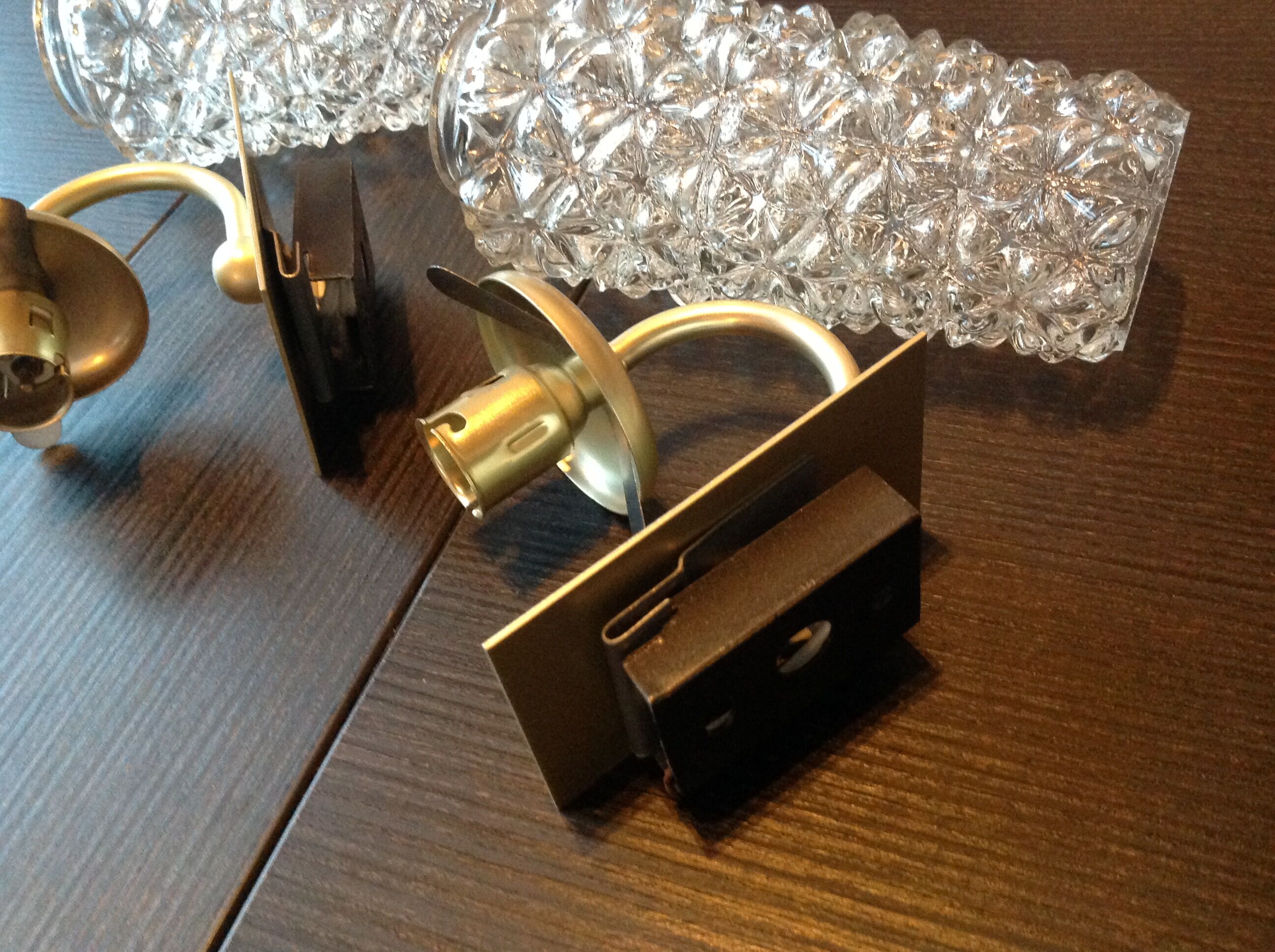 Pair of tulip glass and gold/vintage metal wall lamps 60/70