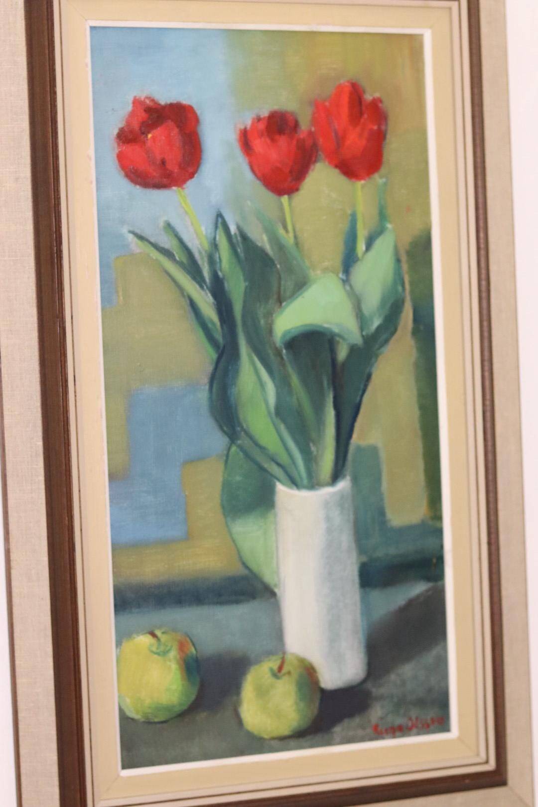 1970's Large Swedish Mid-Century Oil On Board Painting" Still life Tulips " by Hugo Olsson
