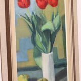 1970's Large Swedish Mid-Century Oil On Board Painting" Still life Tulips " by Hugo Olsson