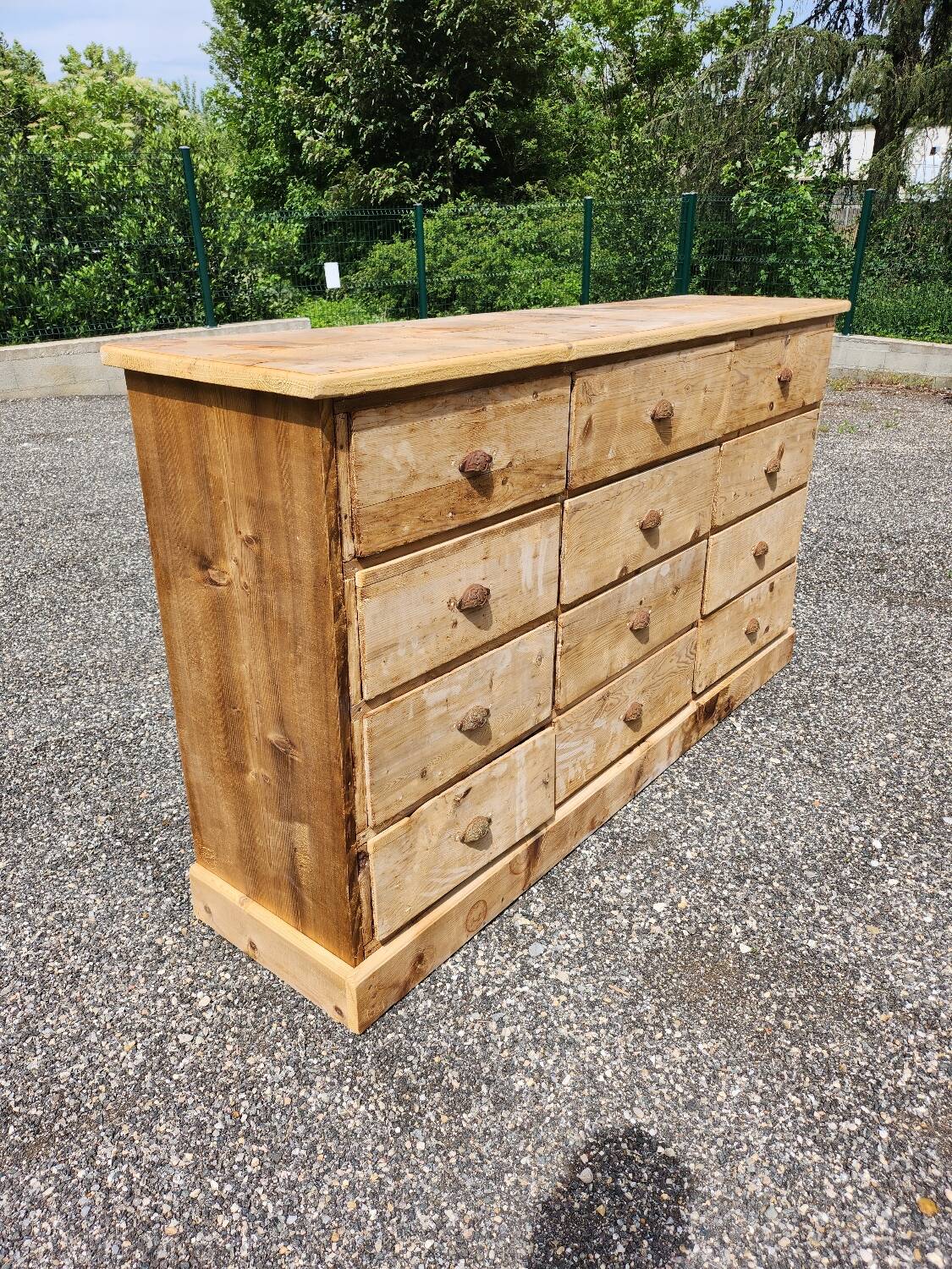 Antique fir wood workshop cabinet with drawers