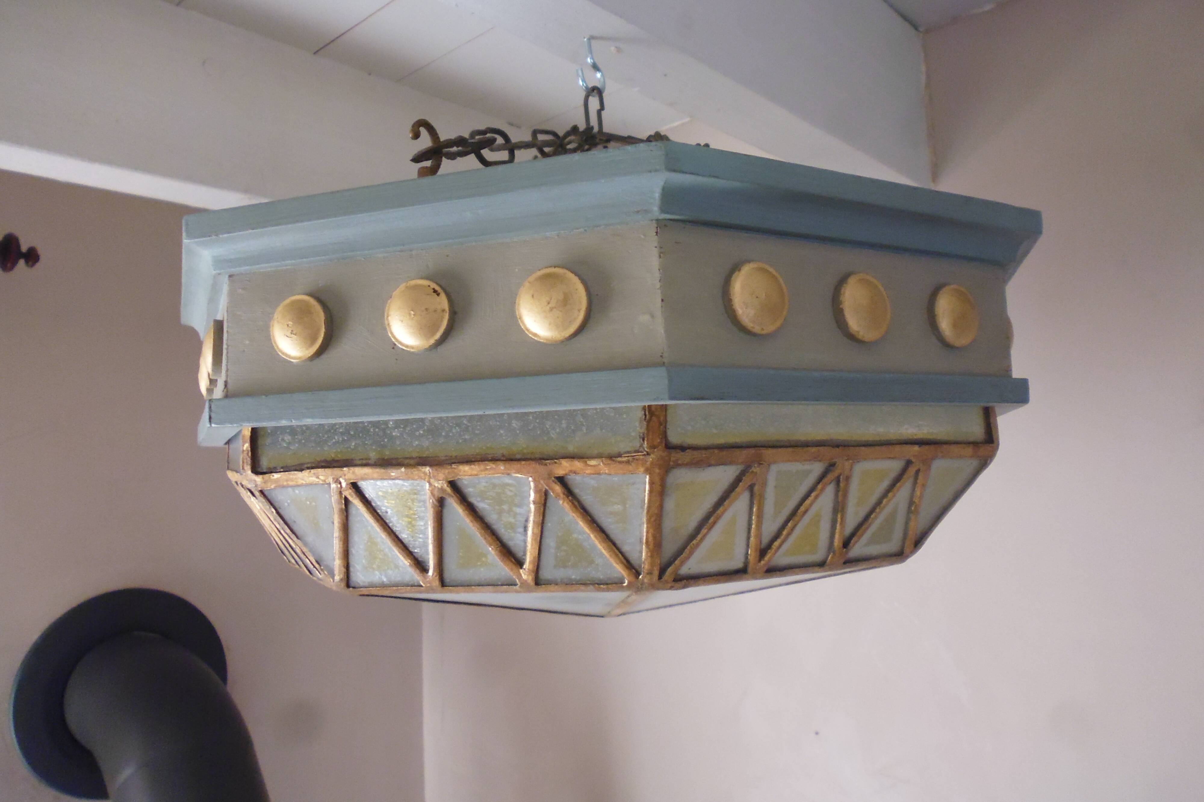 Large octagonal ceiling art deco wood and 1940s bubbled glass