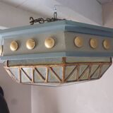 Large octagonal ceiling art deco wood and 1940s bubbled glass