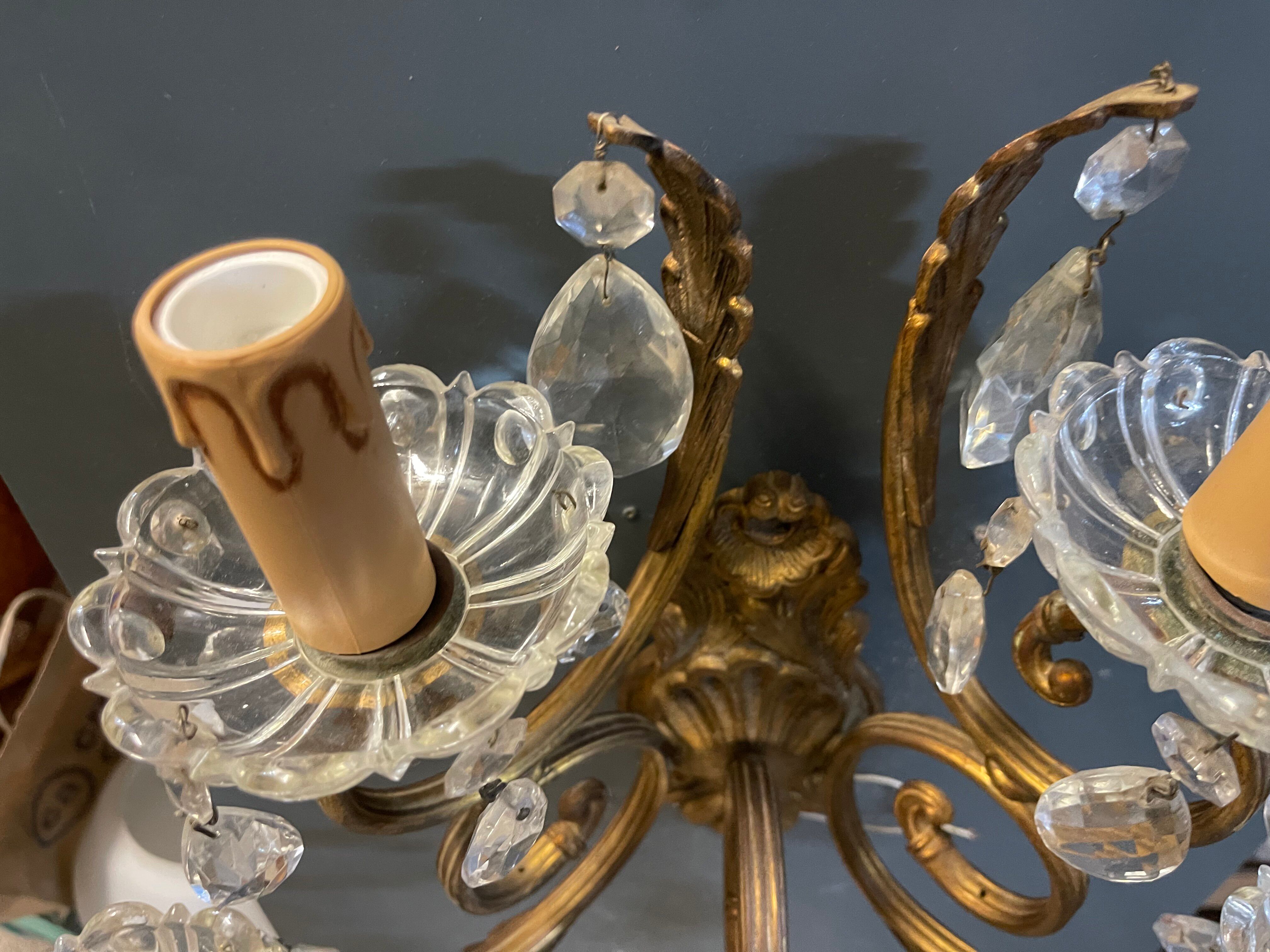 Large Bronze and Crystal Wall Sconces, Set of 2, Italy, 1950s