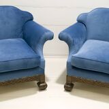 Pair of 19th Century Neo Renaissance Oak and Blue Velvet Italian Armchairs