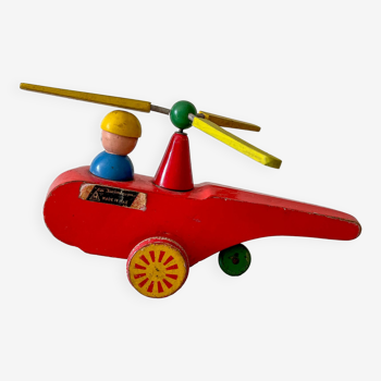 Hélicoptère en bois, jouet ancien de la marque italienne "La Norimberga"