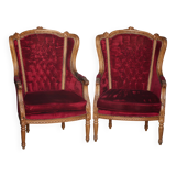 Paire de fauteuils cabriolets de style Louis XVI – velours rouge & bois