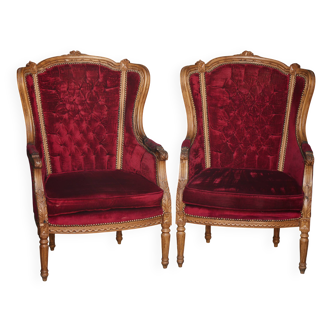 Paire de fauteuils cabriolets de style Louis XVI – velours rouge & bois