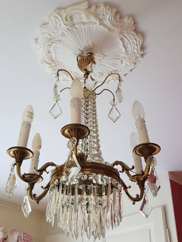 Lustre montgolfière 6 feux en bronze et pampilles en cristal, fin XIXème