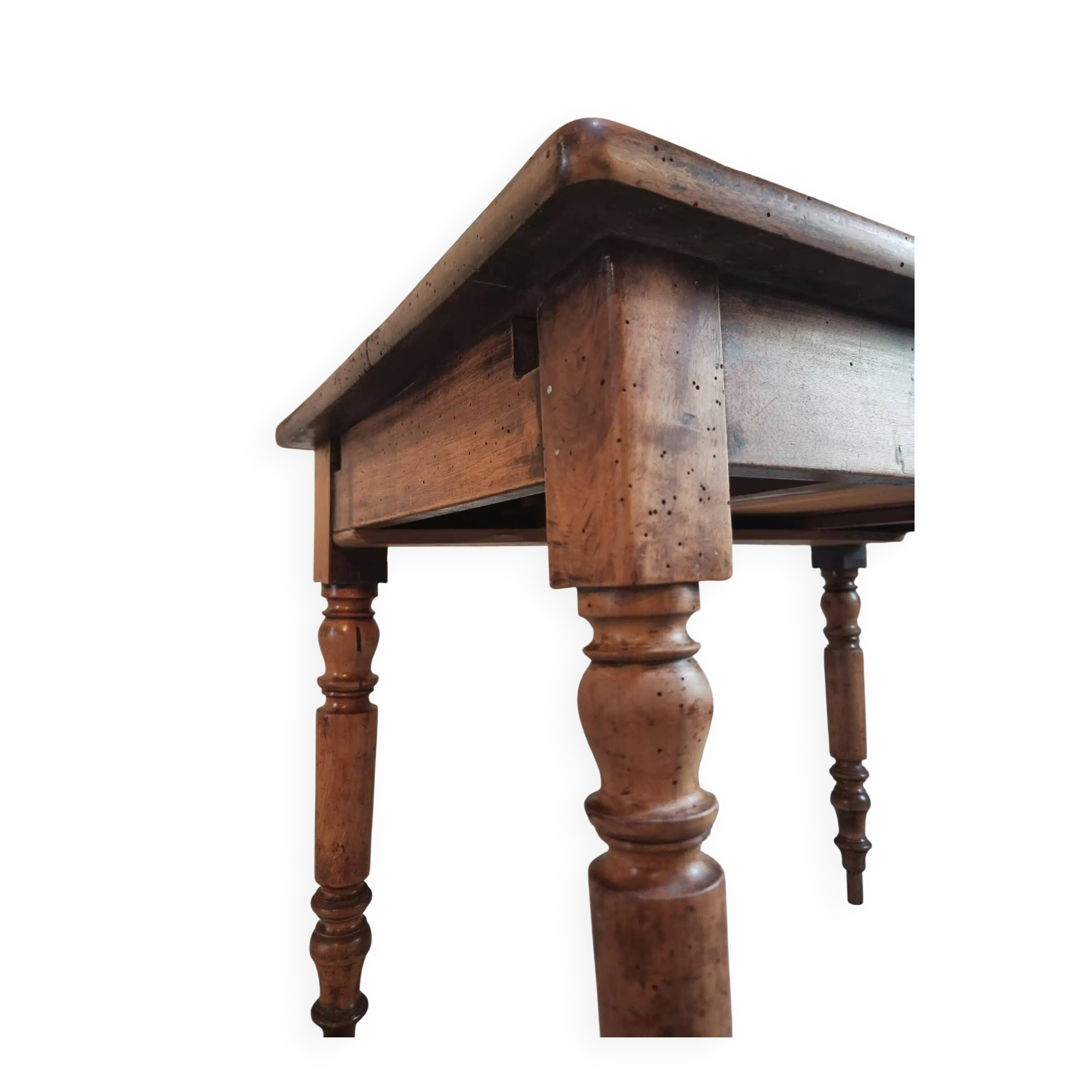 Table française ancienne en noyer – Table de cuisine ou bureau du XIXe siècle avec tiroir (100 × 64 × 74 cm)