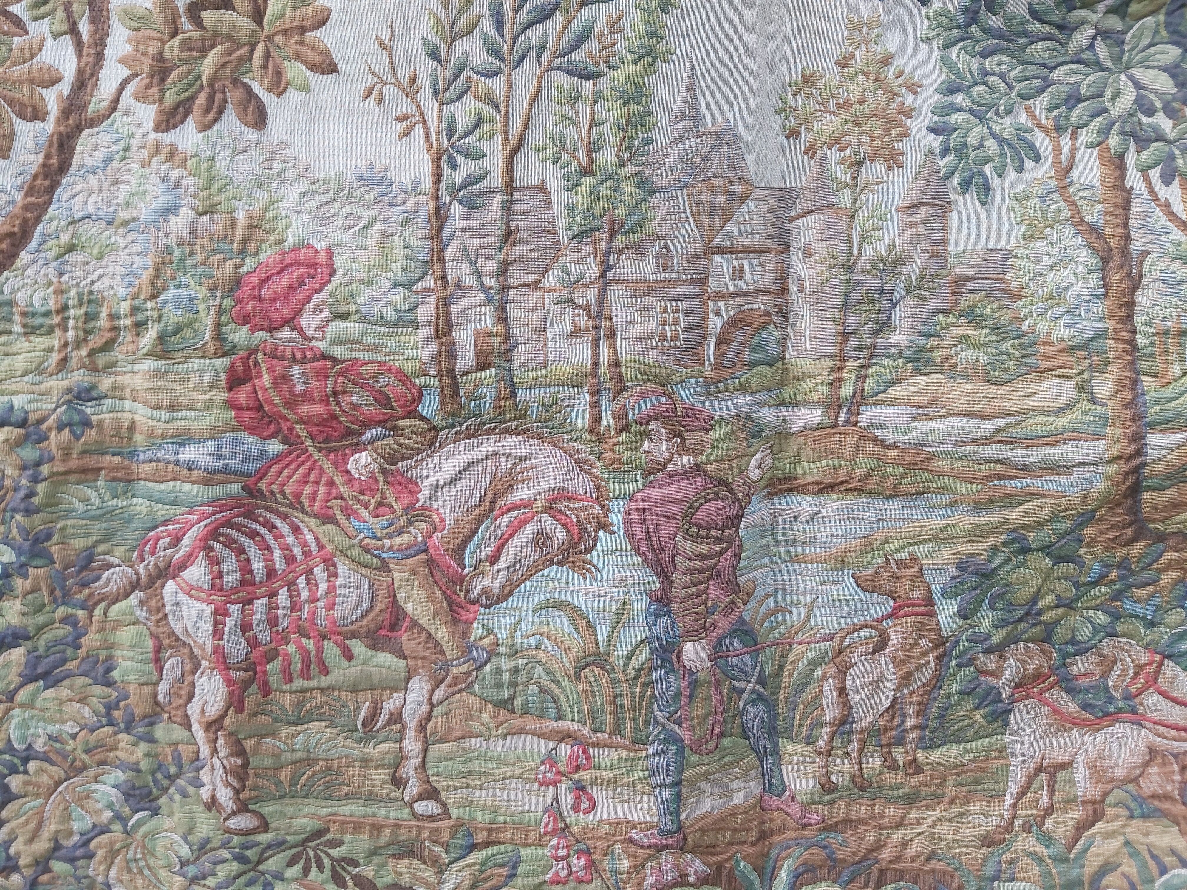 Vintage tapestry in Aubusson style. Hunting return.