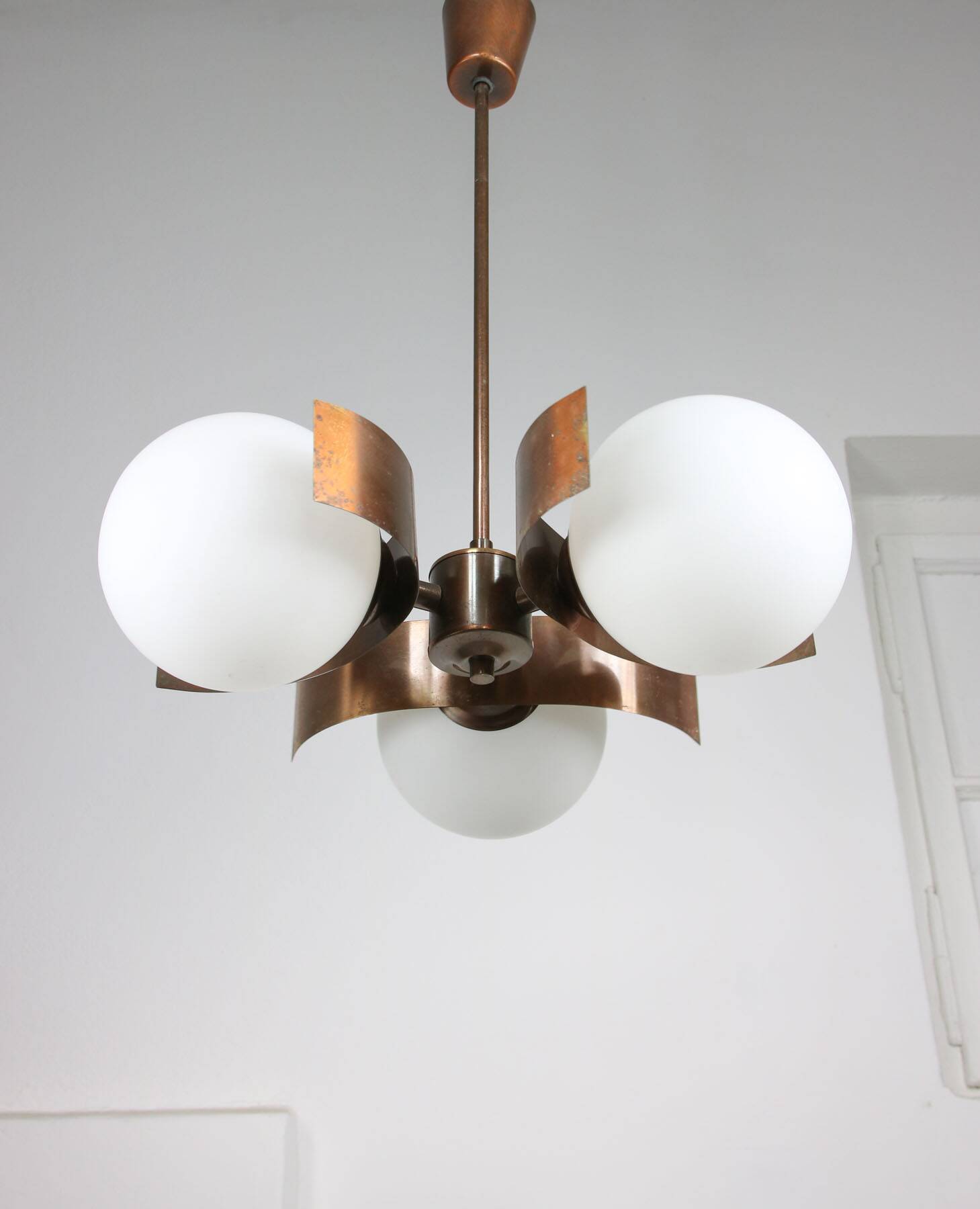 Vintage Italian Copper & Opaline Glass Chandelier