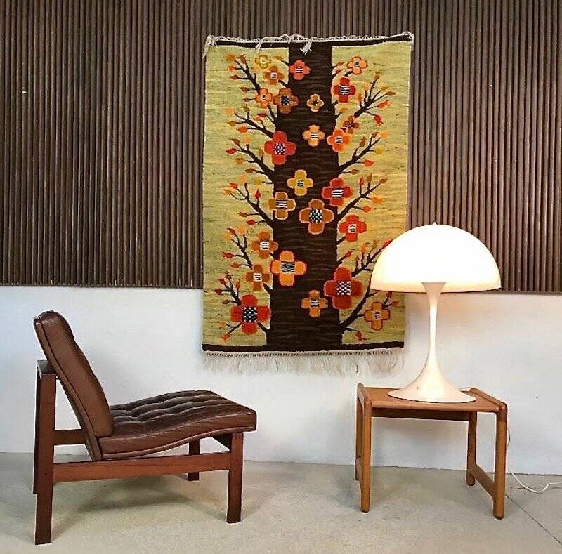 Polish kilim or wall rug with tree and blossoms motif from Cepelia, 1960s