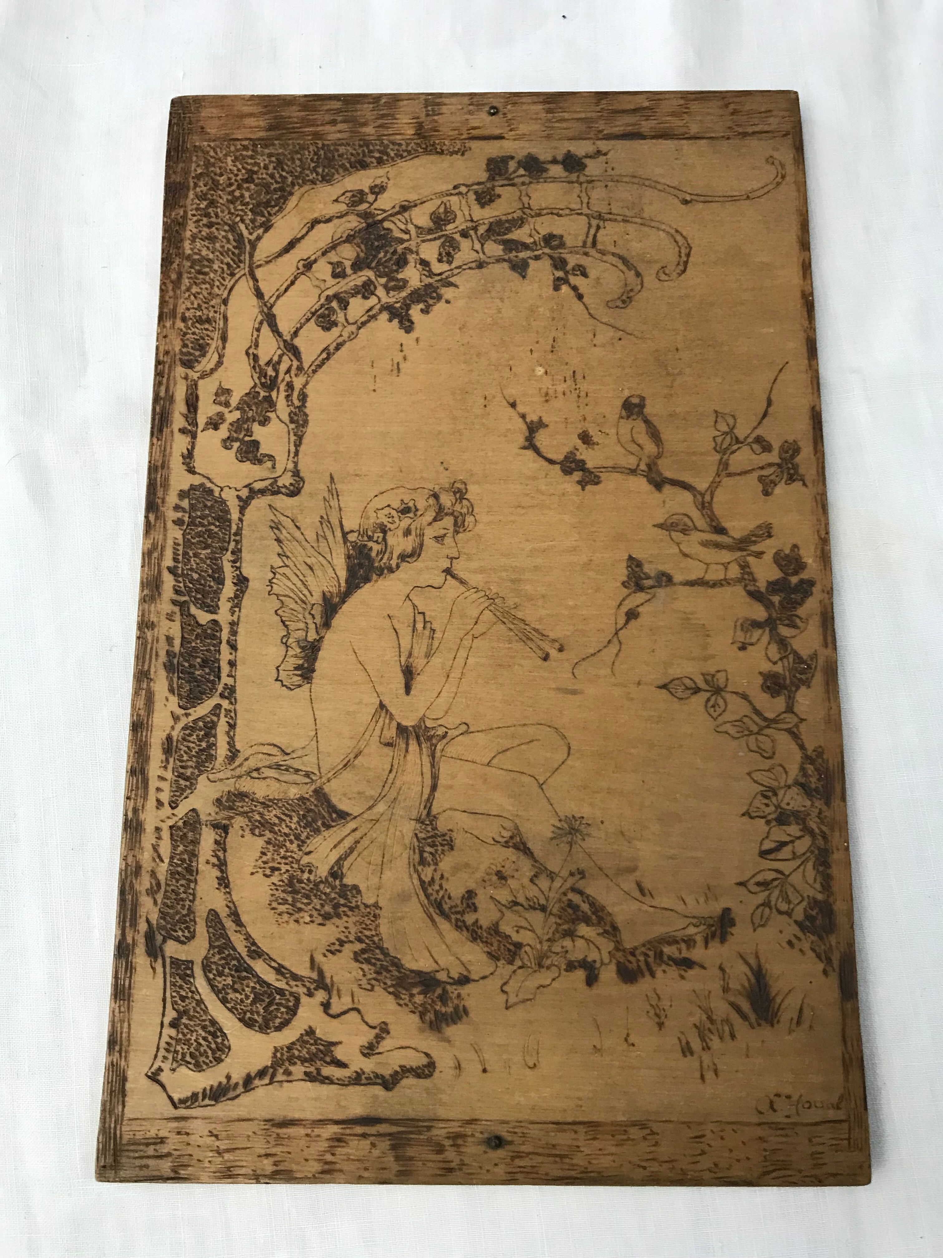Art Nouveau panel in pyrograved wood signed Houal