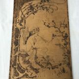 Art Nouveau panel in pyrograved wood signed Houal