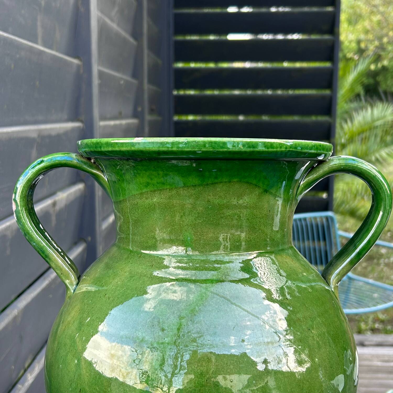 Large green enameled jar