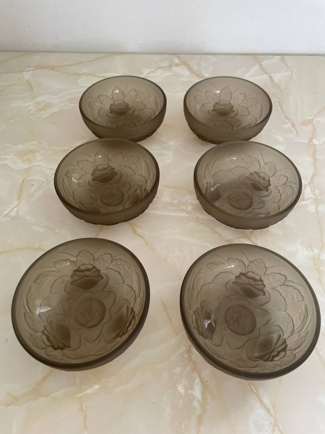 Smoked glass salad bowl and ramekins by Muller frères.