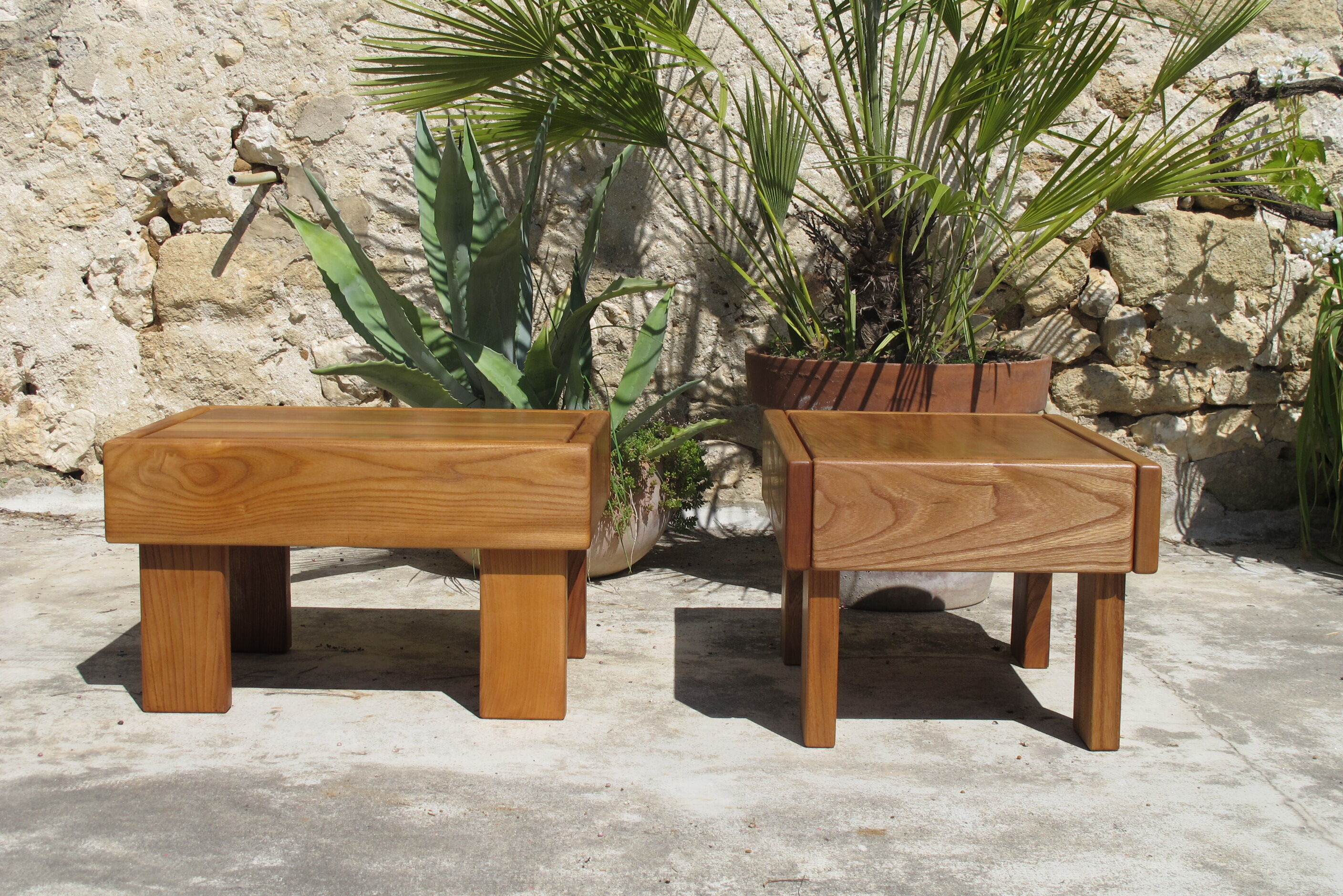 Low table pair in oiled solid elm, Regain house 1970