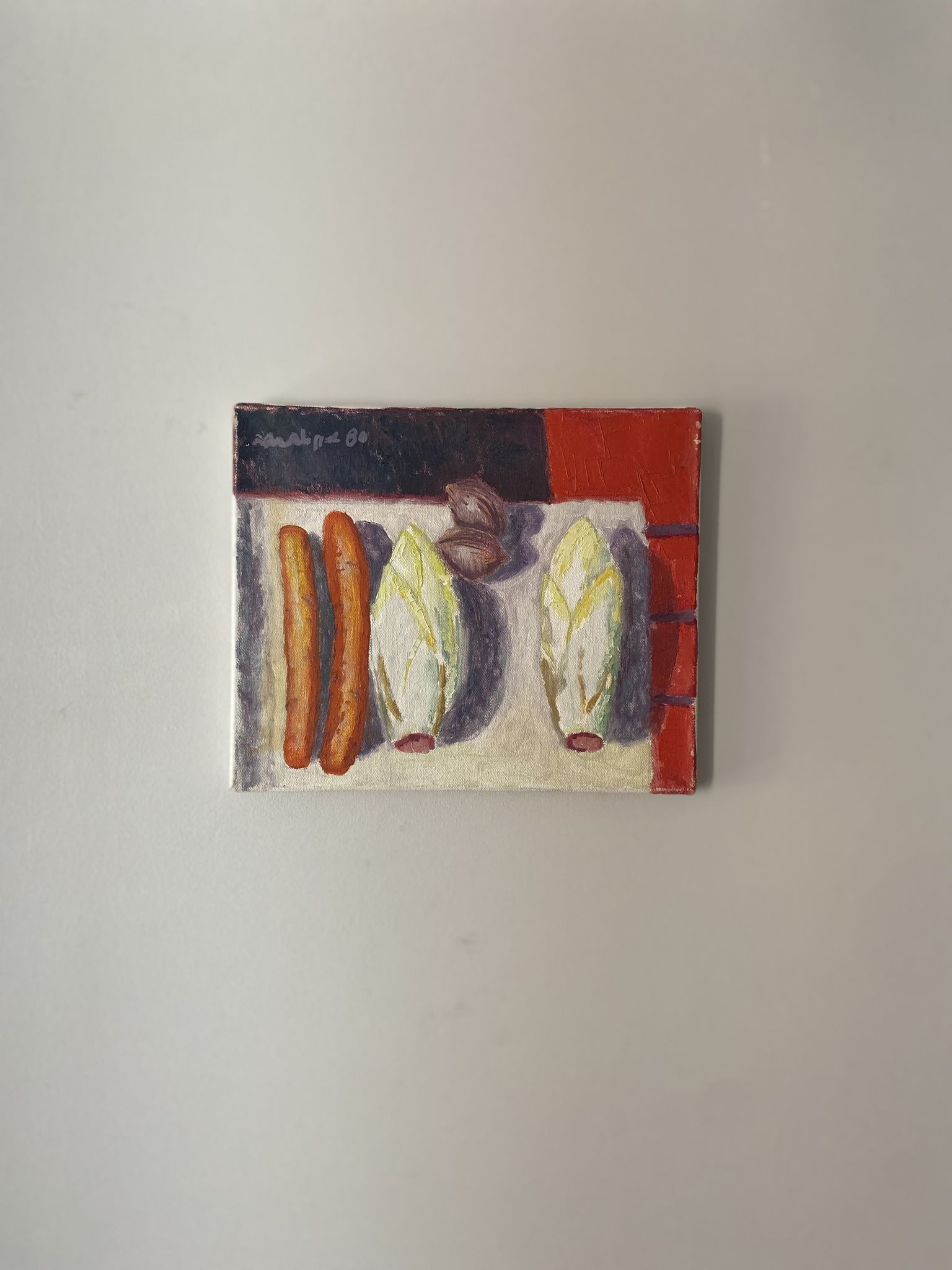 Old painting, still life with endive nuts and sausages, signed and dated 80