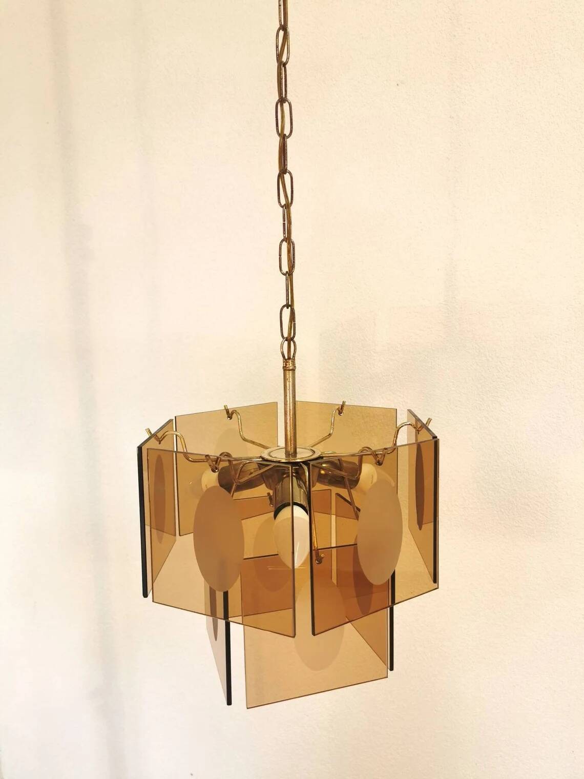 Mid Century Vistosi Smoked Glass Chandelier - Italian Pendant Light