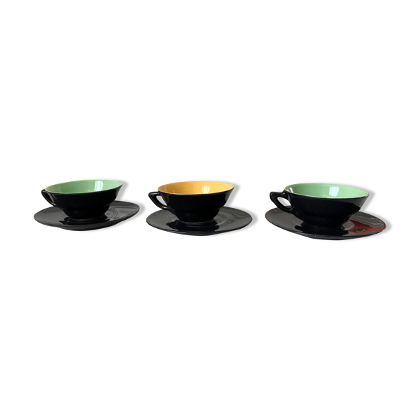 Ensemble de 3 tasses et soucoupes vert sauge et jaune années 60