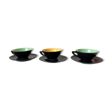 Set of 3 cups and saucers sage green and yellow 60s