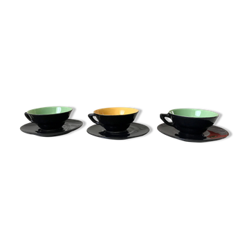 Set of 3 cups and saucers sage green and yellow 60s
