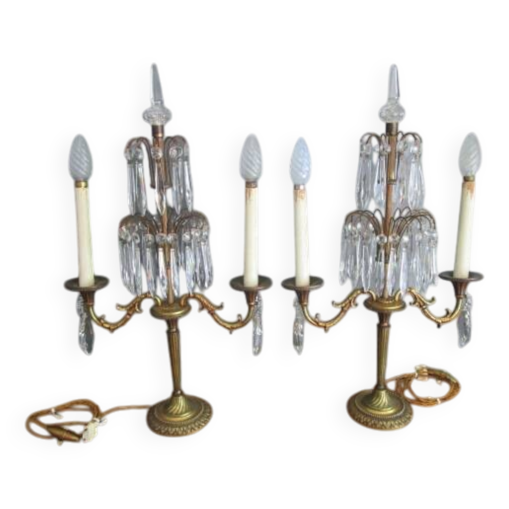 Pair of antique bronze and crystal candelabras - electrified